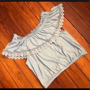 Light blue, ruffle neck, crop top